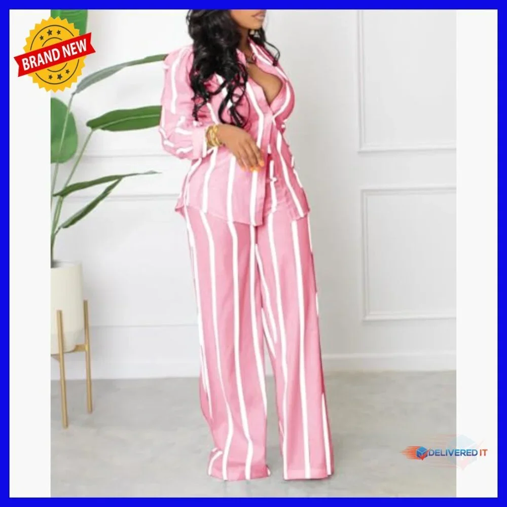 Striped Two Piece Set Long Sleeve Button Down Shirt Wide Leg Pants with Pockets